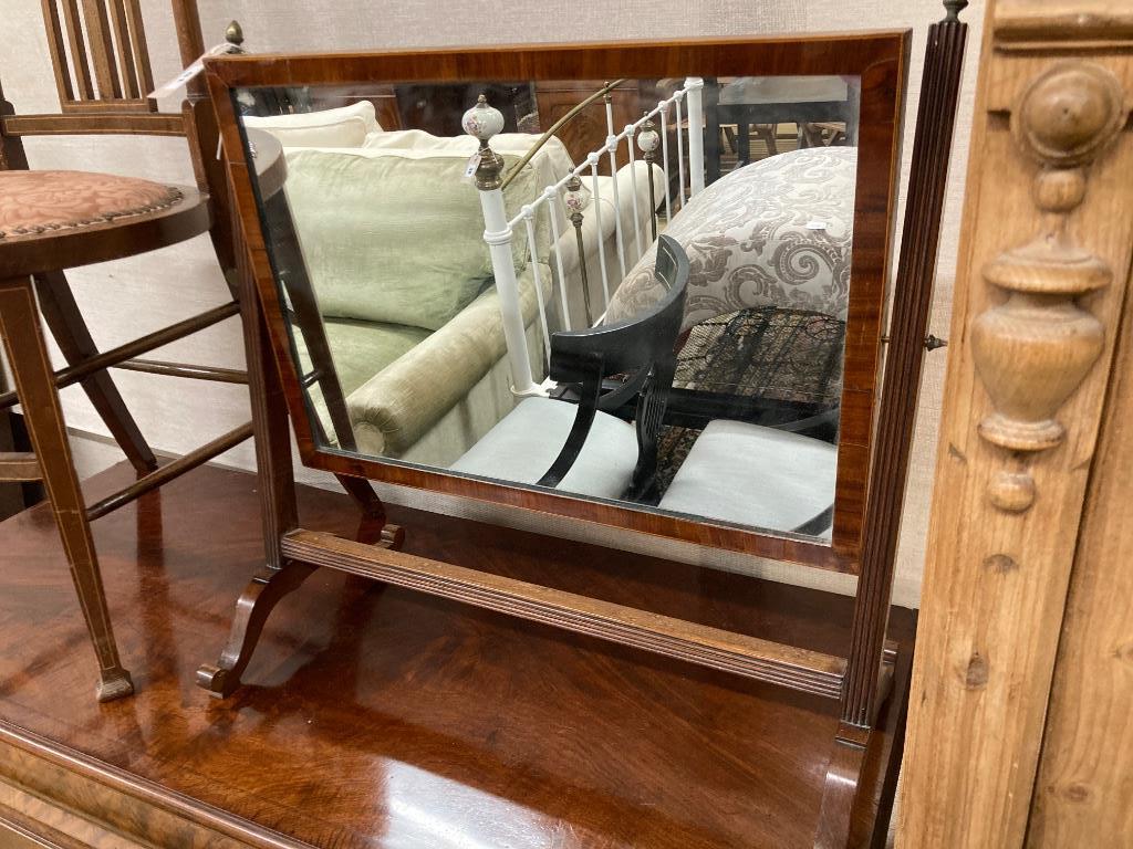 A mahogany skeleton frame toilet mirror, width 56cm, an Edwardian inlaid side chair and a beech standard lamp
